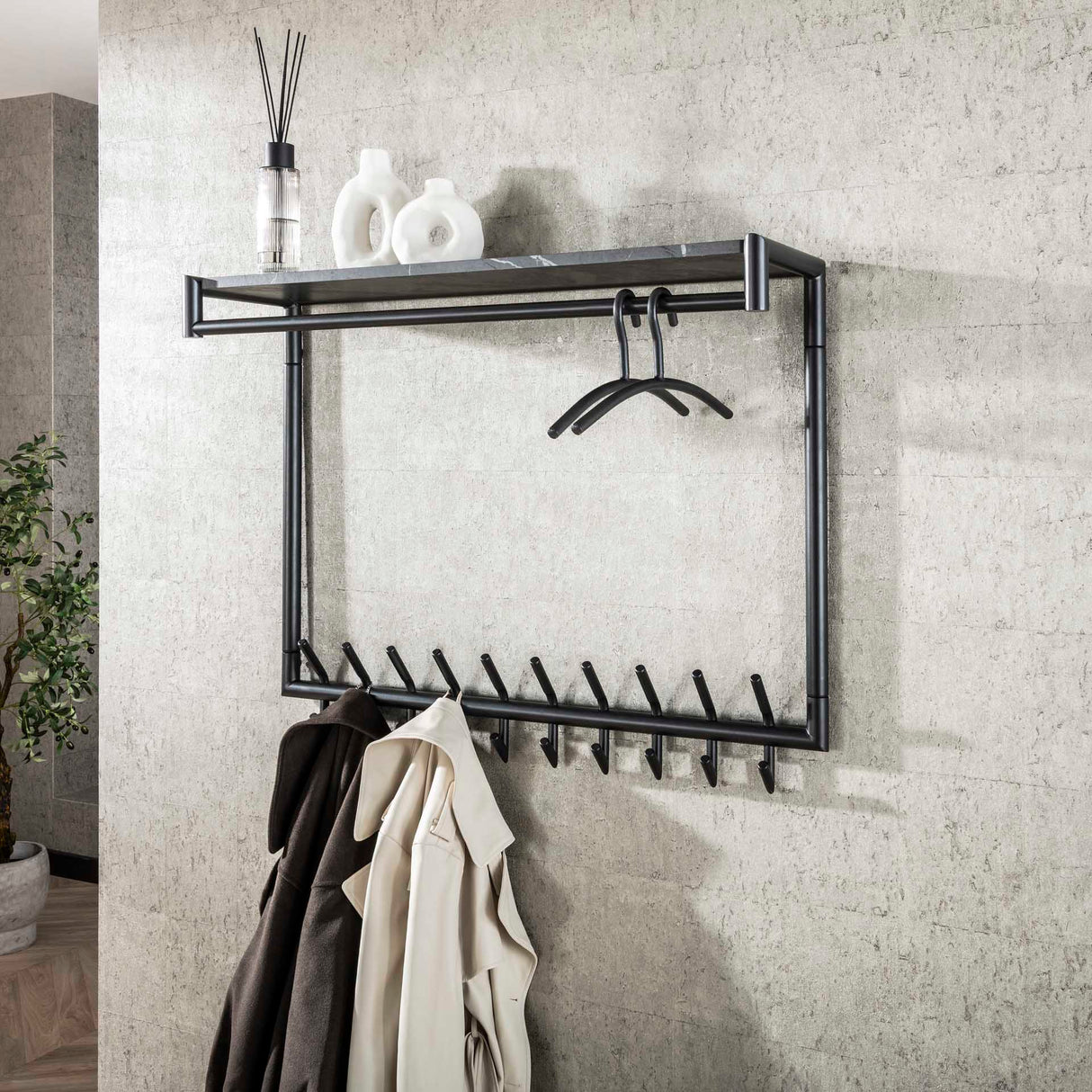 Kapstok Kimi 20-Haaks Zwart Ceramic - Met Roede en Hoedenplank