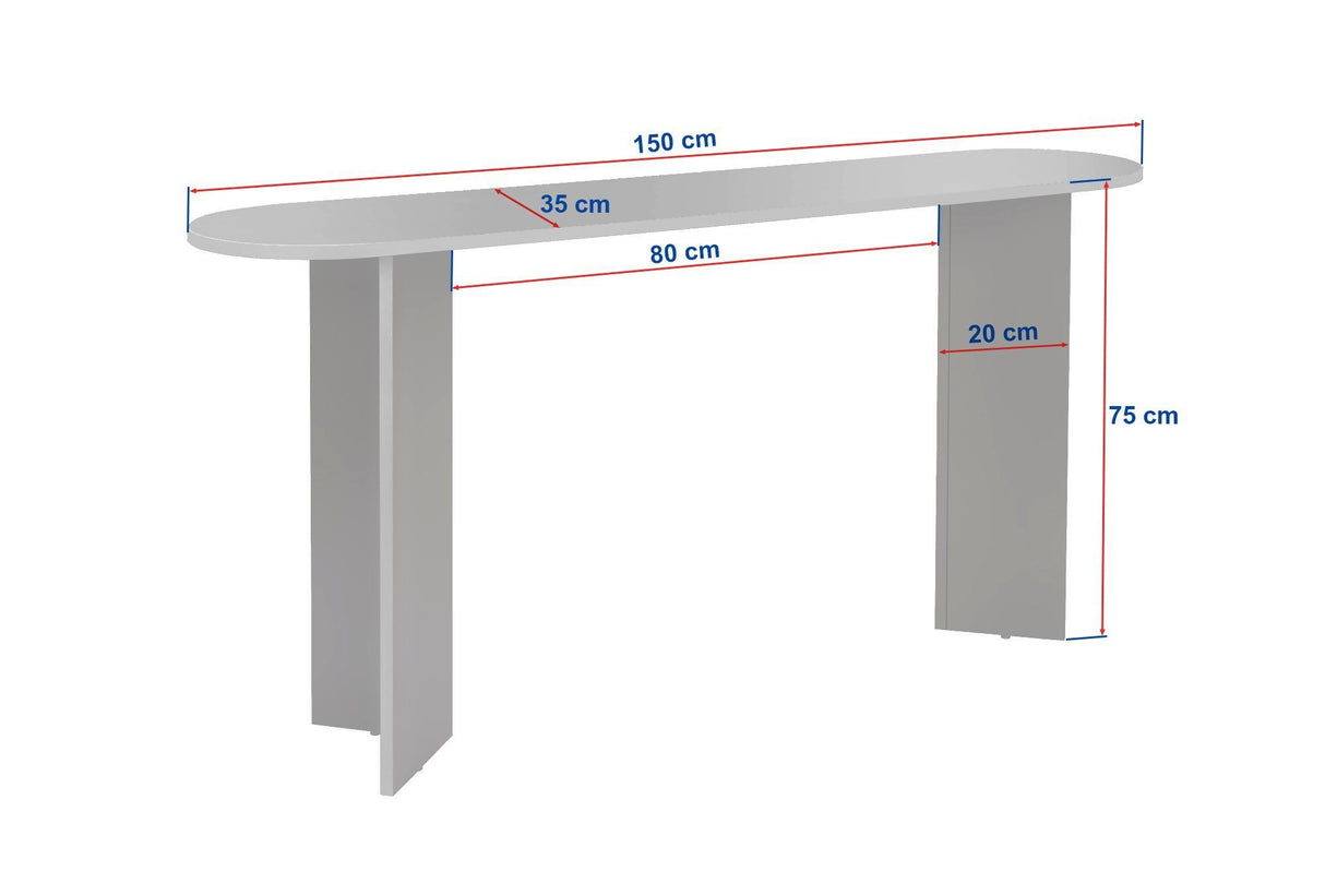 Witfoto met afmetingen moderne ovale sidetable met een travertin look blad en walnoot melamine onderstel.