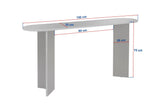 Witfoto met afmetingen moderne ovale sidetable met een travertin look blad en walnoot melamine onderstel.