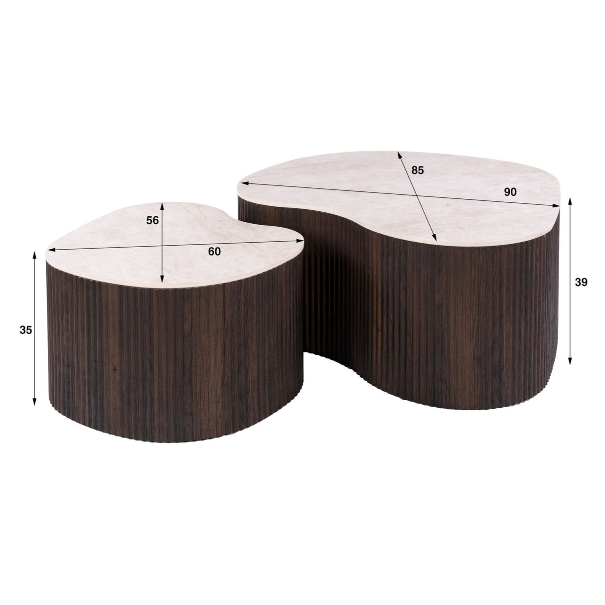 Set van 2 organische salontafels Cruz bold - keramiek Taj Mahal donkerbruin houtlook ribbel - witfoto met afmeting
