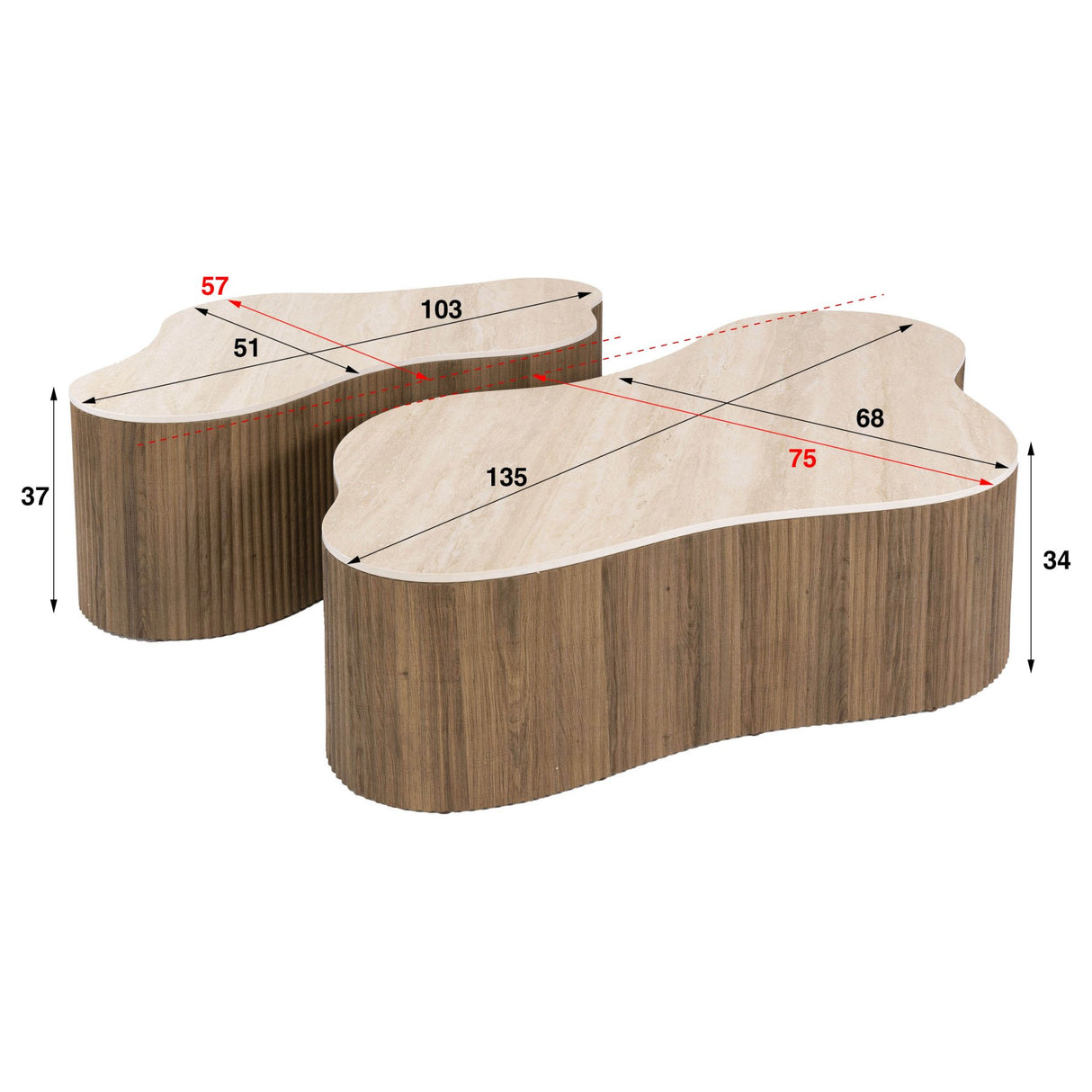 Witfoto met afmeting set van 2 organische salontafels Cruz Grand met Travertin keramiek bladen en eikenhoutlook ribbelbasis.