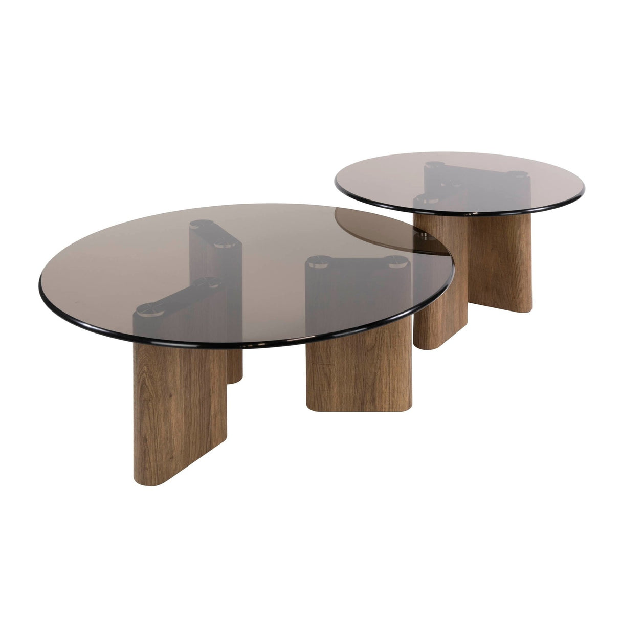 Set van 2 ronde salontafels glazen blad en eikenhout-look poten witfoto