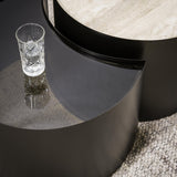 Salontafels - Set van 2 salontafels Moony – metalen frame & keramiek travertin look en glas - Dimehouse