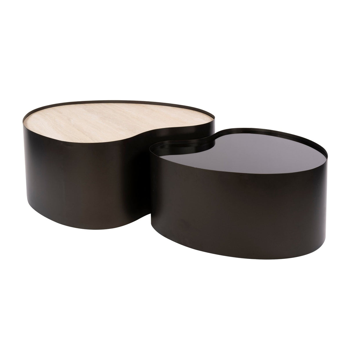 Salontafels - Set van 2 organische salontafels Moony – metalen frame & keramiek travertin look en glas - Dimehouse