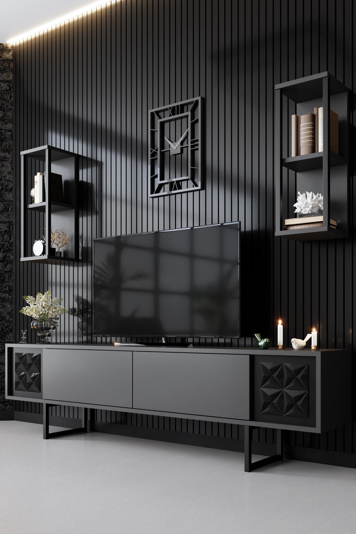 TV Meubel Set Black Line Antraciet Zwart Melamine 180x48x30 cm