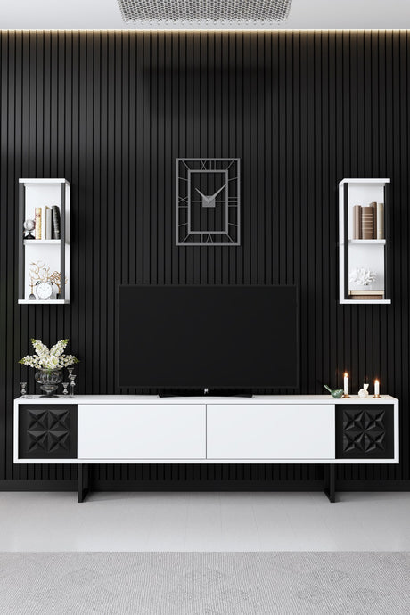 TV Meubel Set Black Line Wit Zwart Melamine 180x48x30 cm