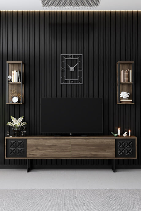 TV Meubel Set Black Line Walnoot Zwart Melamine 180x48x30 cm