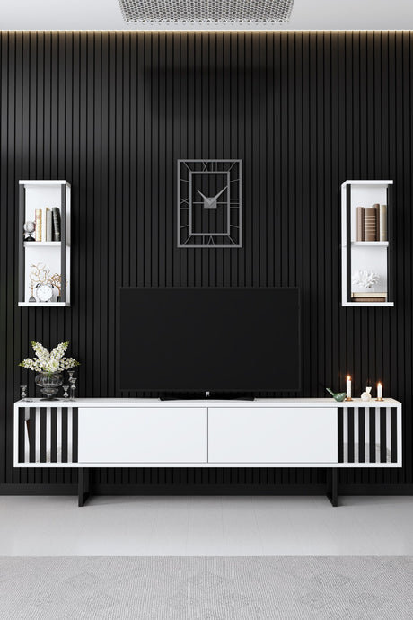 TV Meubel Set Chrome Line Wit Zwart Melamine 180x48x30 cm