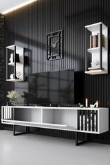 TV Meubel Set Chrome Line Wit Zwart Melamine 180x48x30 cm