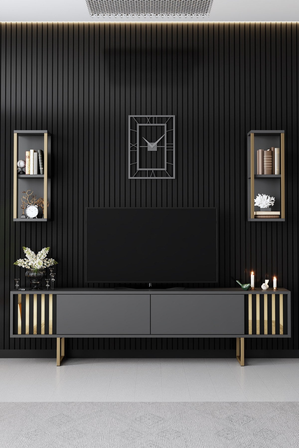 TV Meubel Set Gold Line Antraciet Zwart Melamine 180x48x30 cm