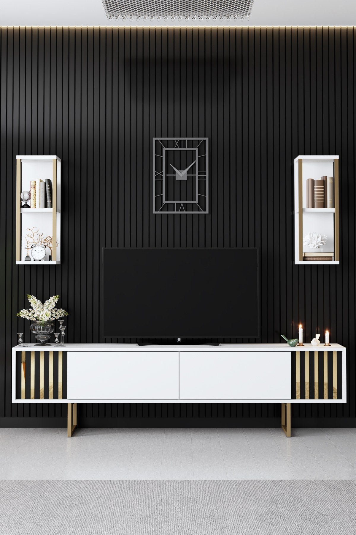 TV Meubel Set Gold Line Wit Zwart Melamine 180x48x30 cm