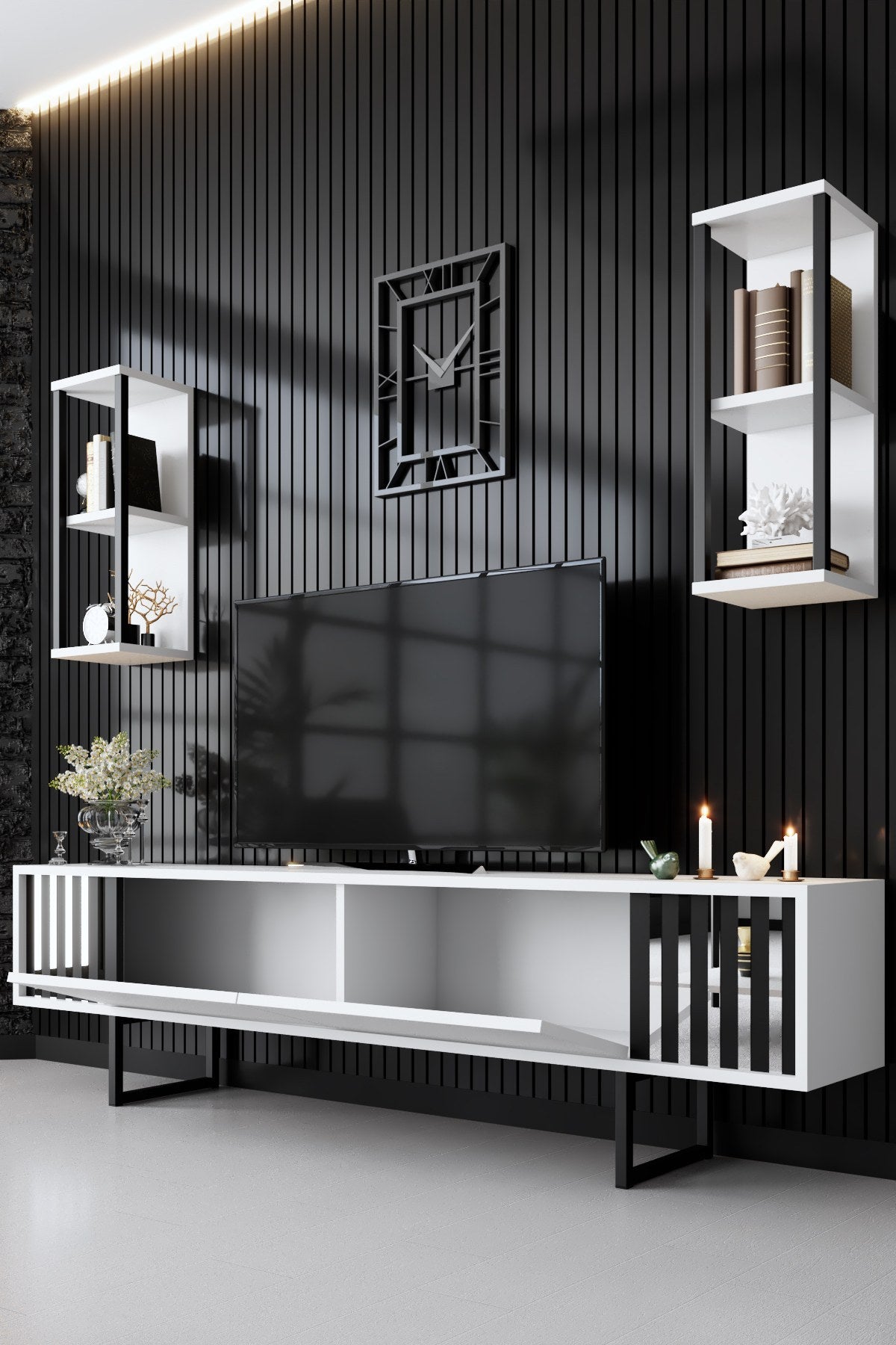 Meubelset Wit-Zwart - Chrome Line - Salontafel + TV Meubel