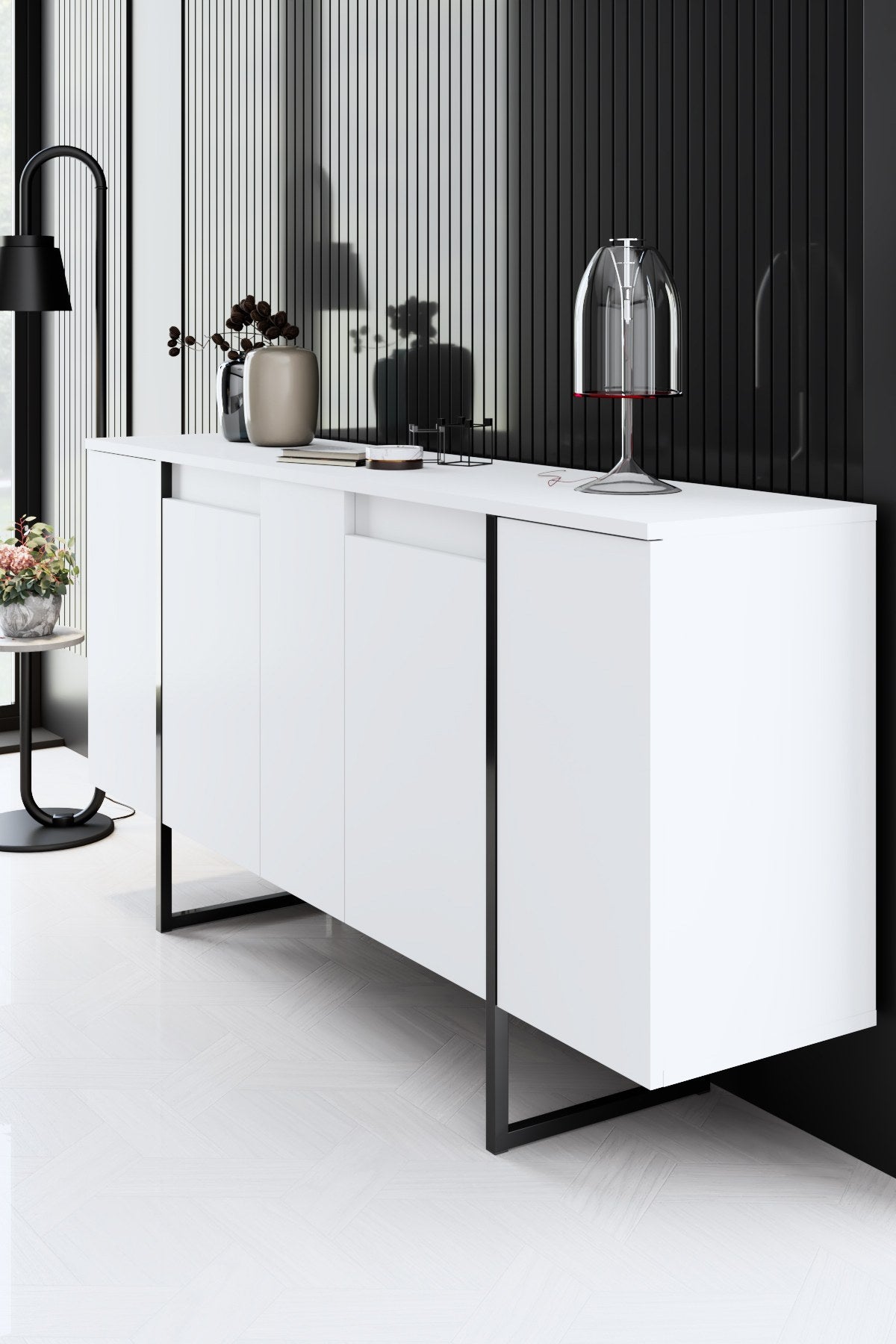 Meubelset Wit Luxe - Salontafel + TV Meubel + Dressoir - Zwart Frame