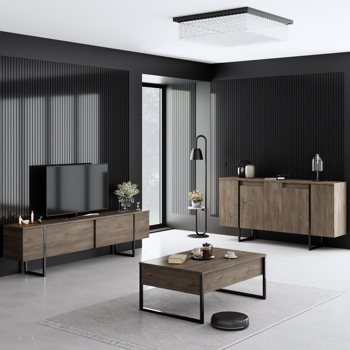 Meubelset Walnoot Luxe - Salontafel + TV Meubel + Dressoir - Zwart Frame