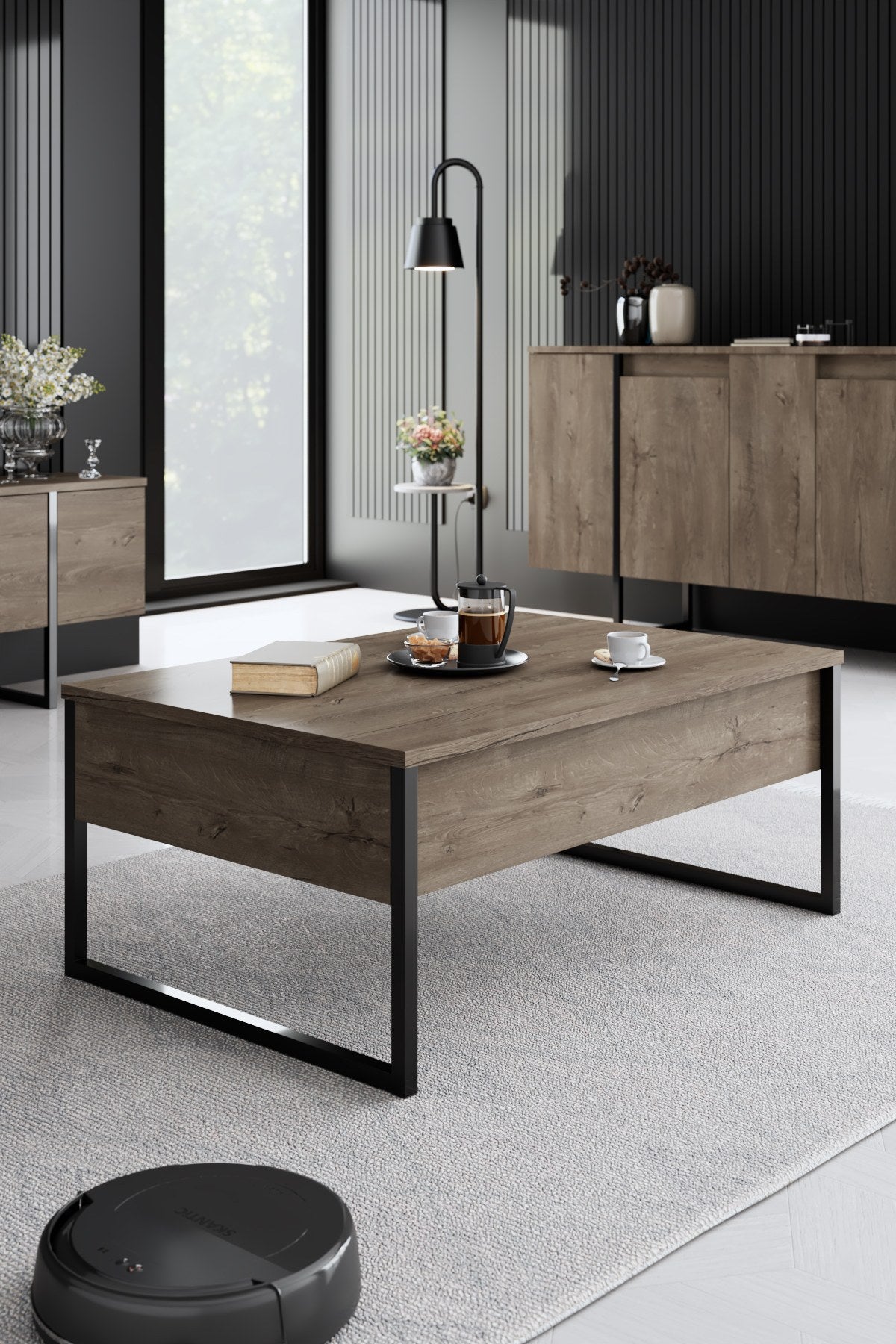 Meubelset Walnoot Luxe - Salontafel + TV Meubel + Dressoir - Zwart Frame