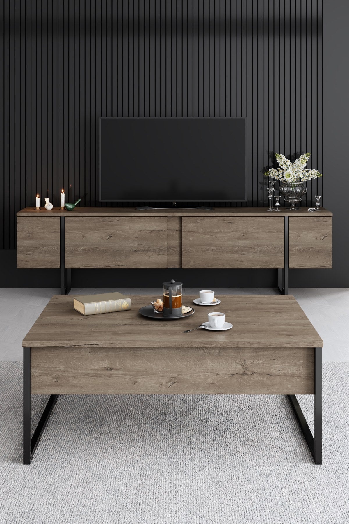 Meubelset Walnoot Luxe - Salontafel + TV Meubel + Dressoir - Zwart Frame