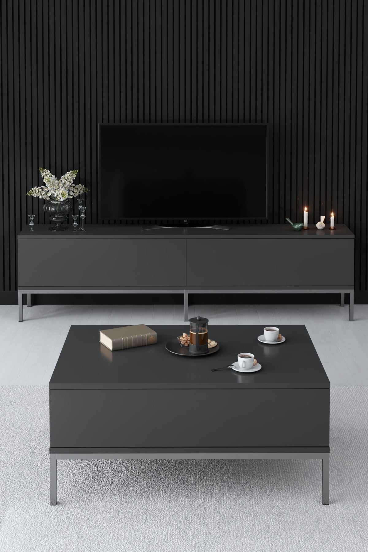 TV Meubel Lord Antraciet Zilver Melamine 180x47x30 cm