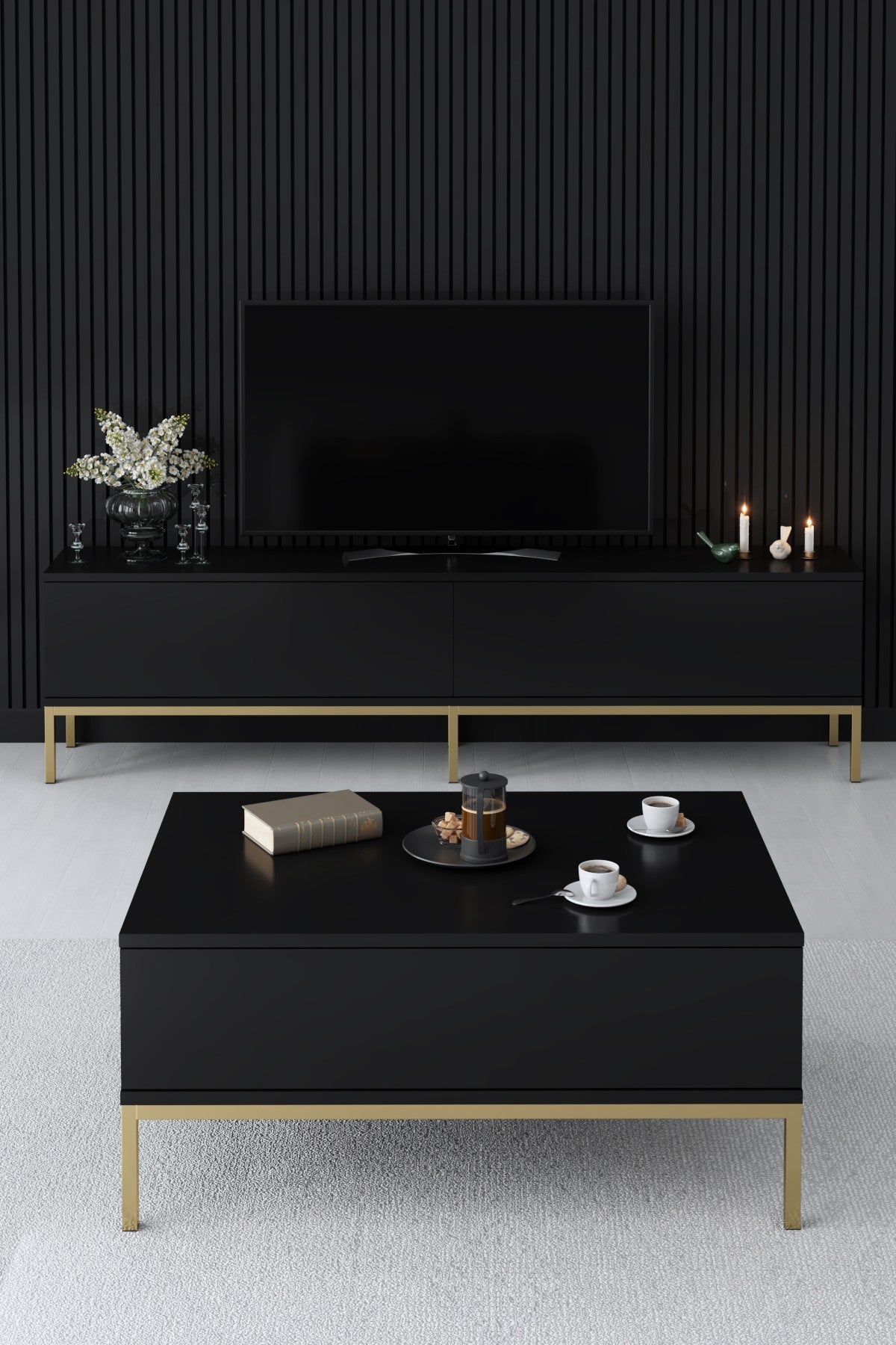 Meubelset Zwart Lord - Salontafel + TV Meubel + Dressoir - Gouden Frame
