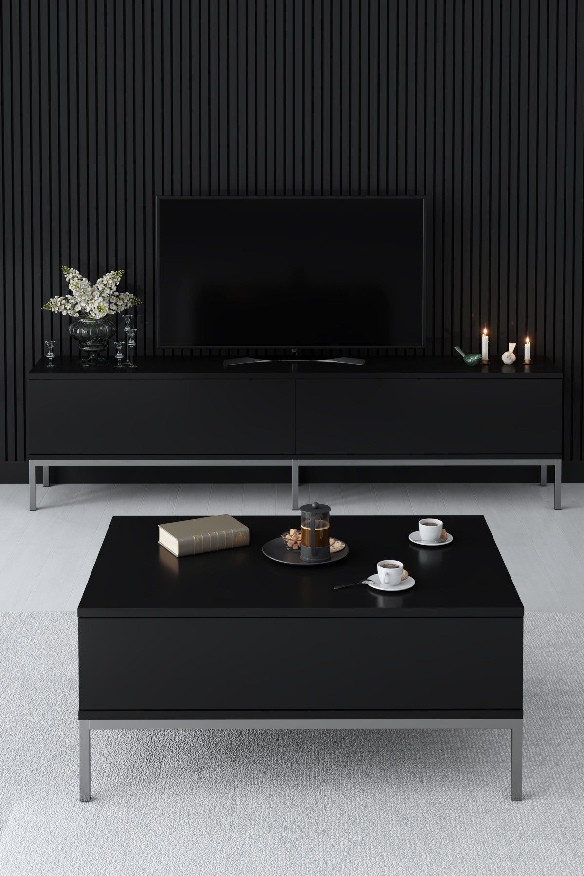 TV Meubel Lord Zwart Zilver Melamine 180x47x30 cm