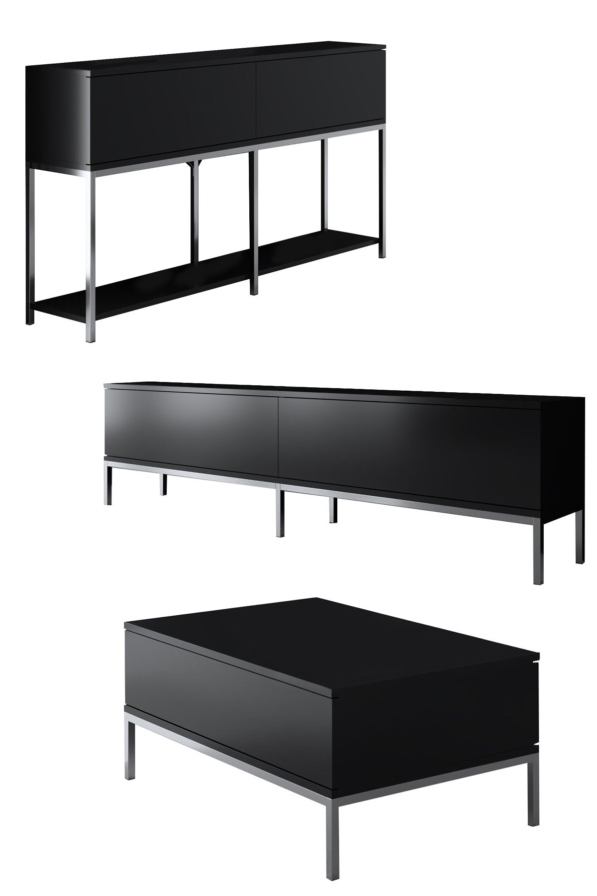 Meubelset Zwart Lord - Salontafel + TV Meubel + Dressoir - Zilver Frame