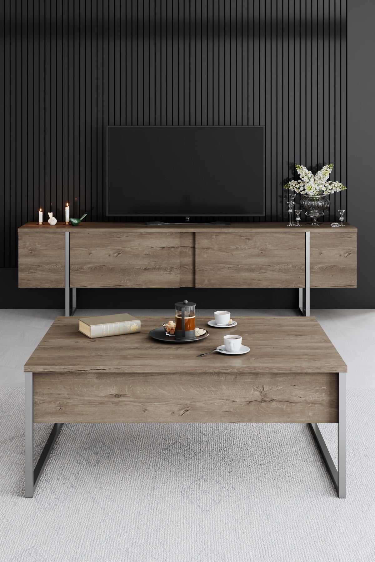 Meubelset Walnoot Luxe - Salontafel + TV Meubel + Dressoir - Zilver Frame