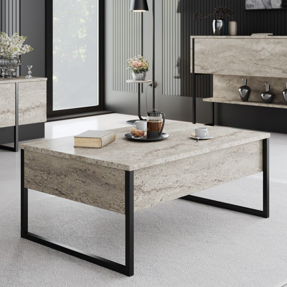 Rechthoekige Salontafel Travertijn Luxe 90x60 - Zwart Frame