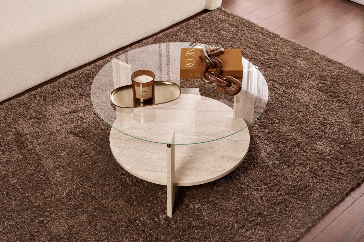 Cairo Salontafel Rond Ø75 cm Travertine - Glas 75x75x40 cm