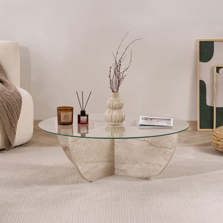 Liya salontafel travertin look ovaal 90 cm Gehard glas
