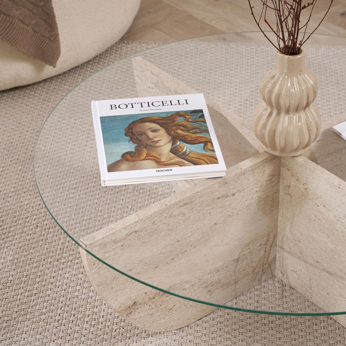 Liya salontafel travertin look ovaal 90 cm Gehard glas