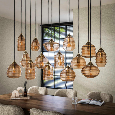 Hanglamp Mali 15-lichts geribbeld glas amberkleurig