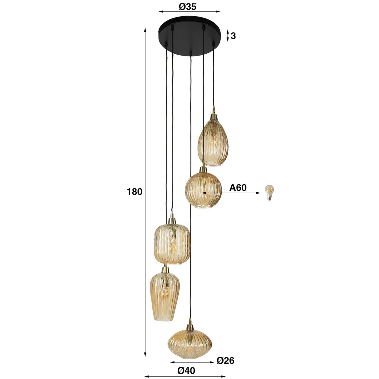 Glazen Hanglamp Olaf 5-lichts Amber Goud