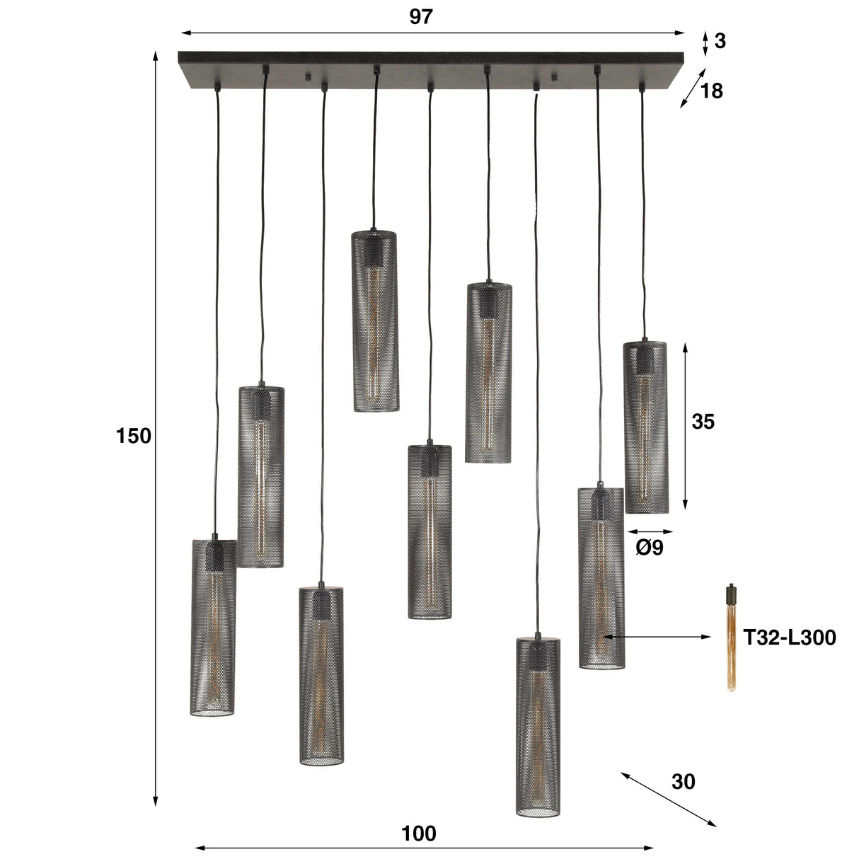 Hanglamp Zavi 9-lichts mesh zwart