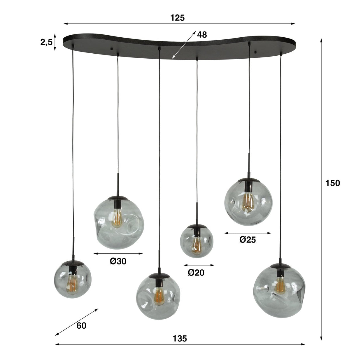 Industriële Hanglamp Nova Zwart 6-lichts Balk 135 cm