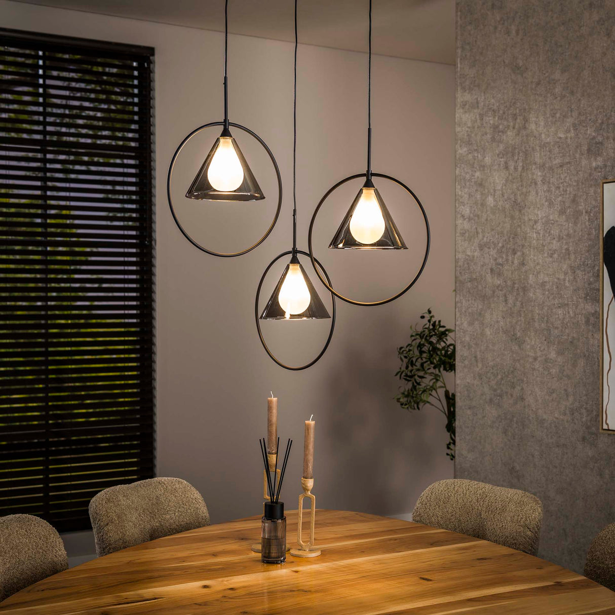 Hanglamp Niaz 3-lichts tapse kap getrapt smoke grey glas