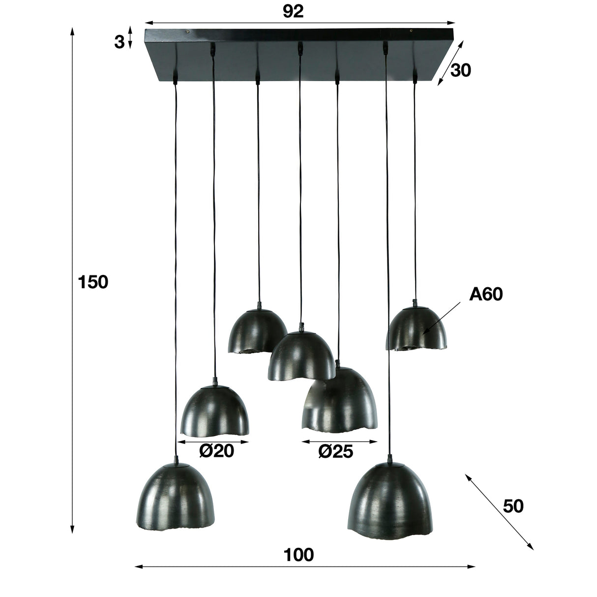 Industriële hanglamp Jame 7-lichts getrapt