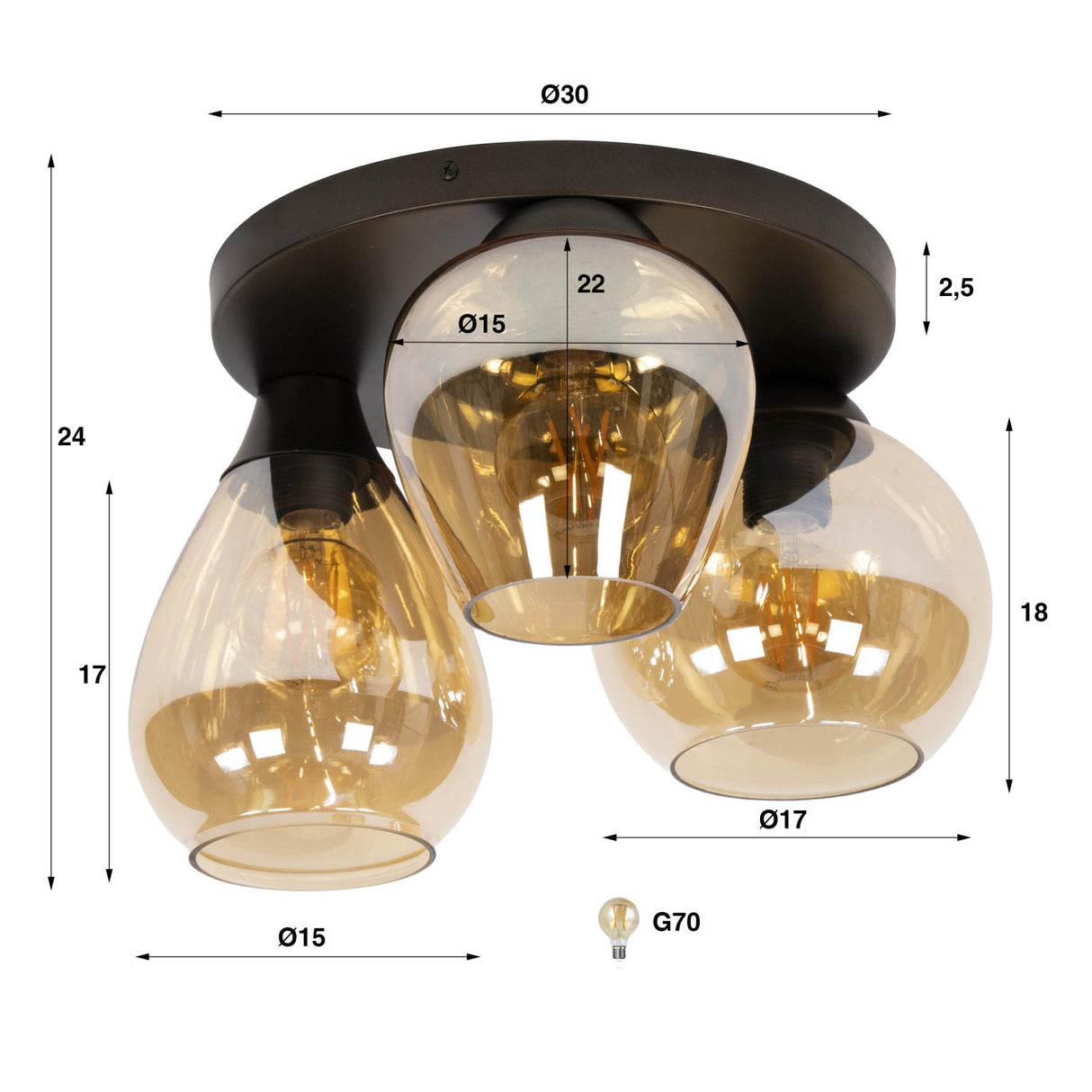 Plafondlamp - Moderne plafondlamp 3 - lichts Felien amberkleurig glas - Dimehouse