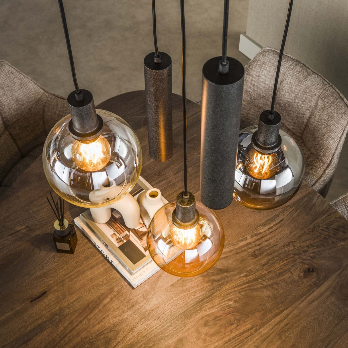 Hanglampen - Hanglamp 5 - lichts getrapt gekleurd glas zwart metaal Valeo - Dimehouse
