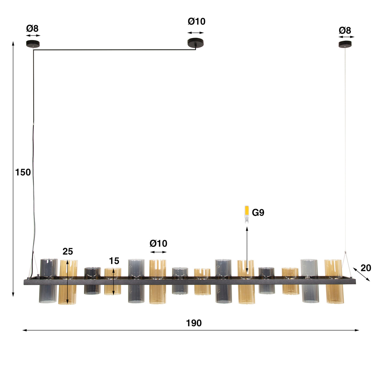 Hanglamp Khai 14-lichts cilinder gemixt glas