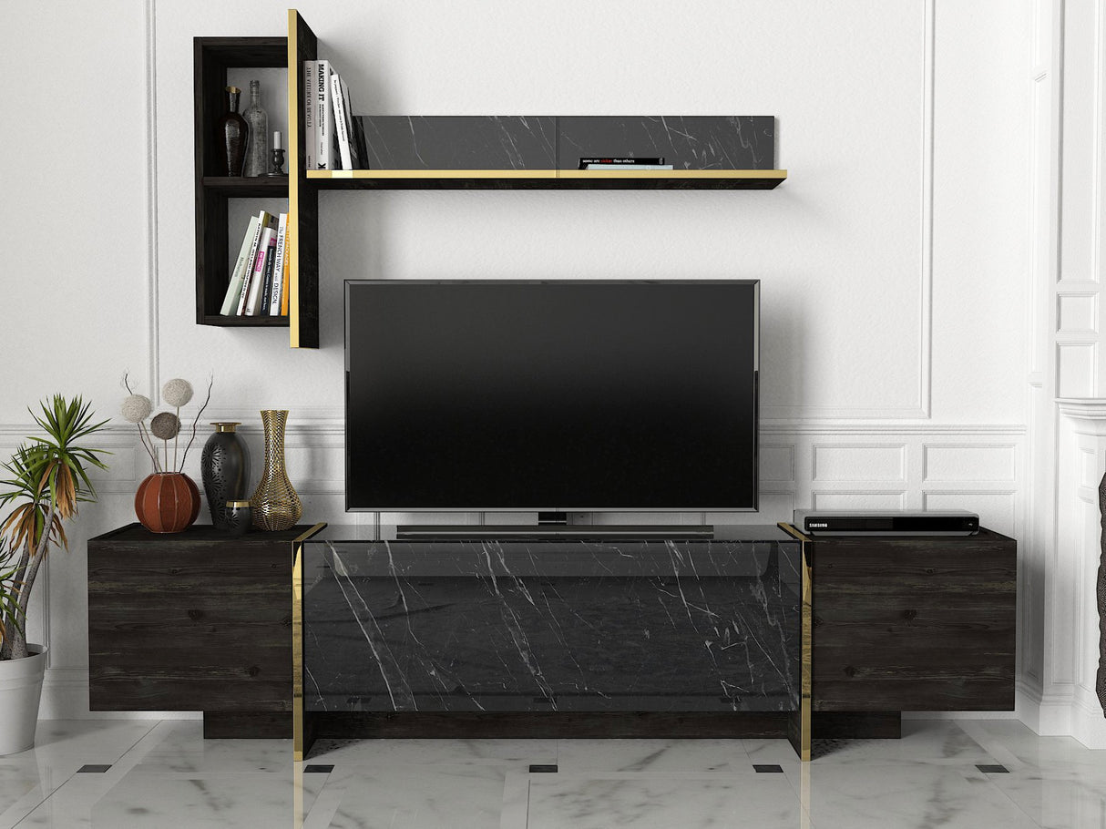 TV Meubel Set Veyron Zwart Goud Melamine 180x45x32,3 cm