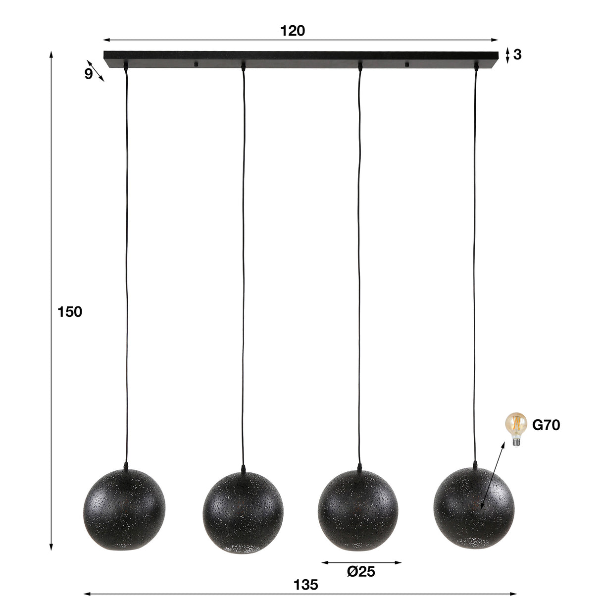 Hanglamp Zeno 4-lichts Ø25 metaal zwart