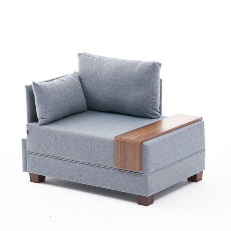 Moderne Fauteuil Blauw Stof Fly - Links - Met Houten Tafeltje