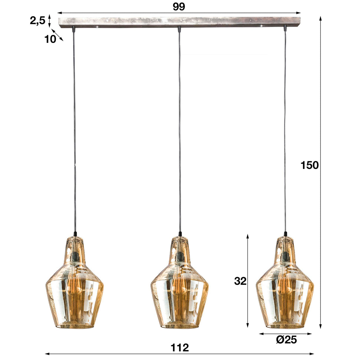 Industrial hanging lamp Dace 3-light Amber