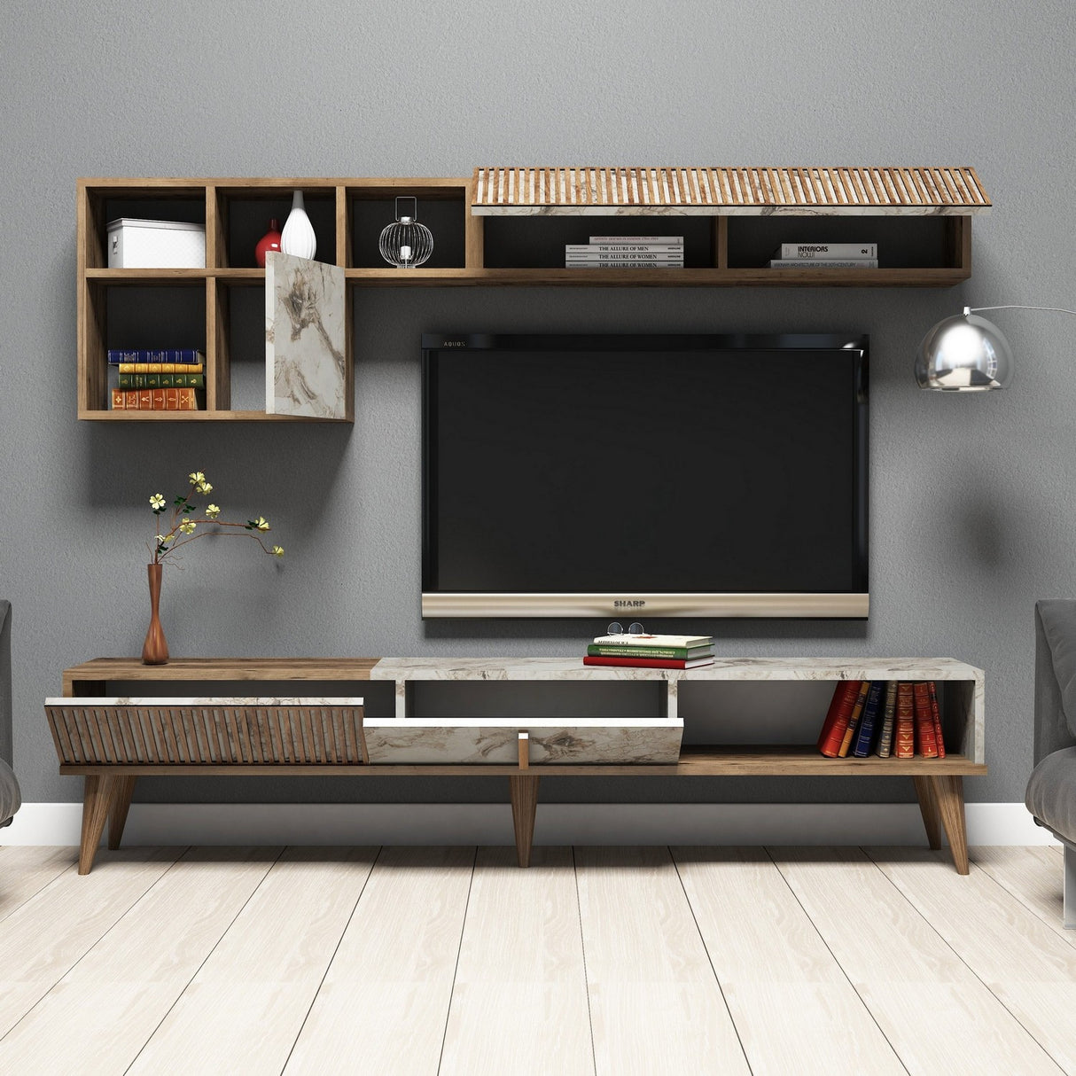 TV Meubel Set Milan Walnoot Wit Marmer Melamine 180x40x35 cm