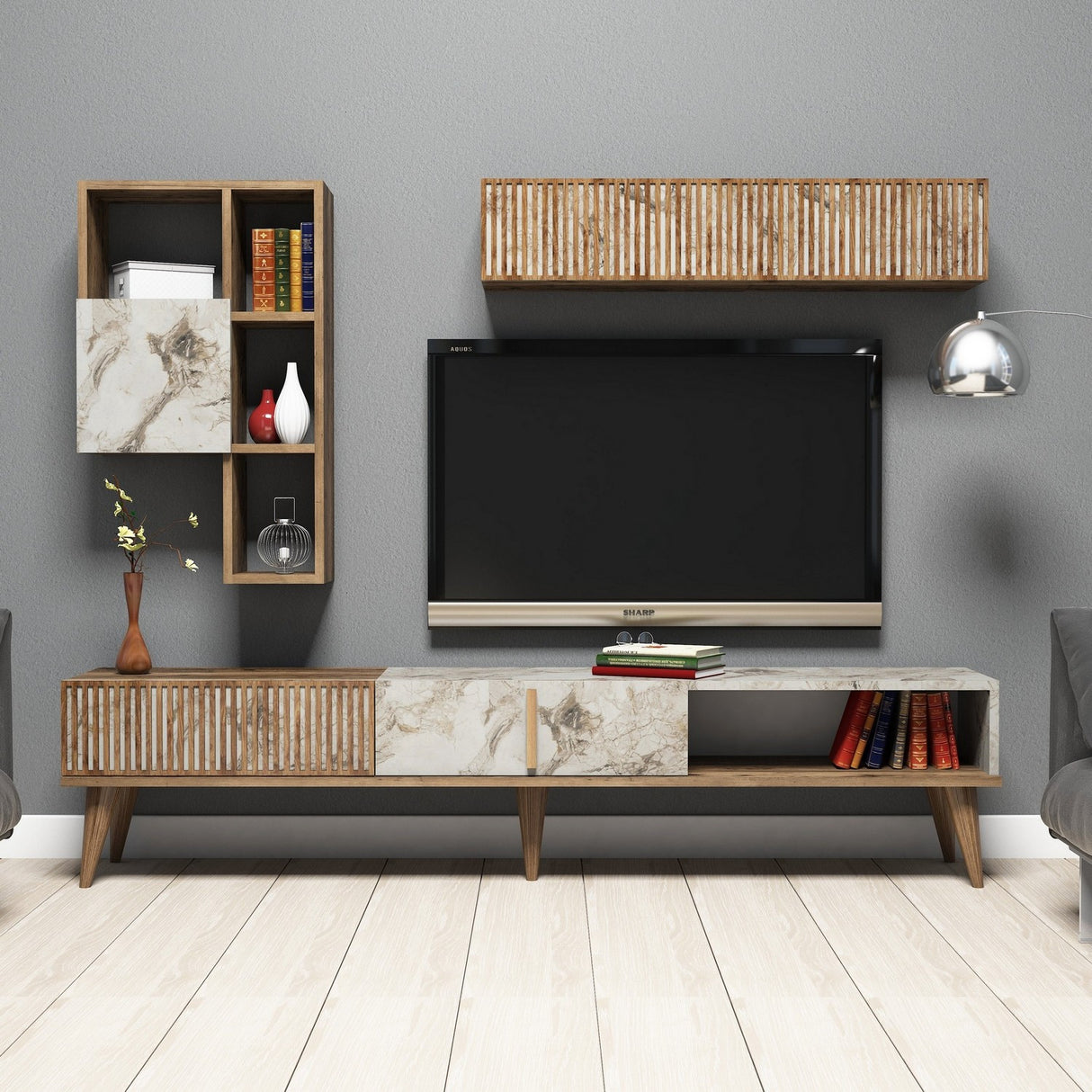 TV Meubel Set Milan Walnoot Wit Marmer Melamine 180x40x35 cm