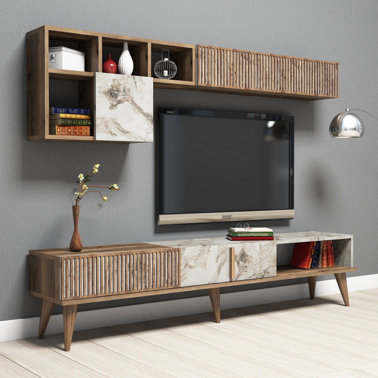 TV Meubel Set Milan Walnoot Wit Marmer Melamine 180x40x35 cm