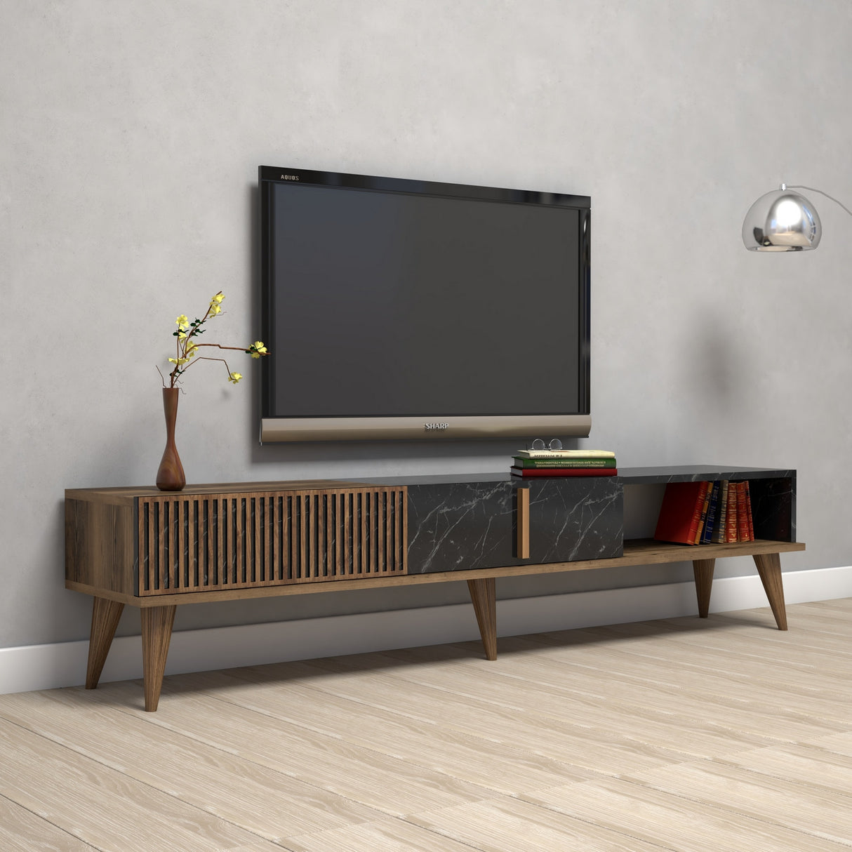 TV Meubel Milan Walnoot Zwart Melamine 180x40x35 cm