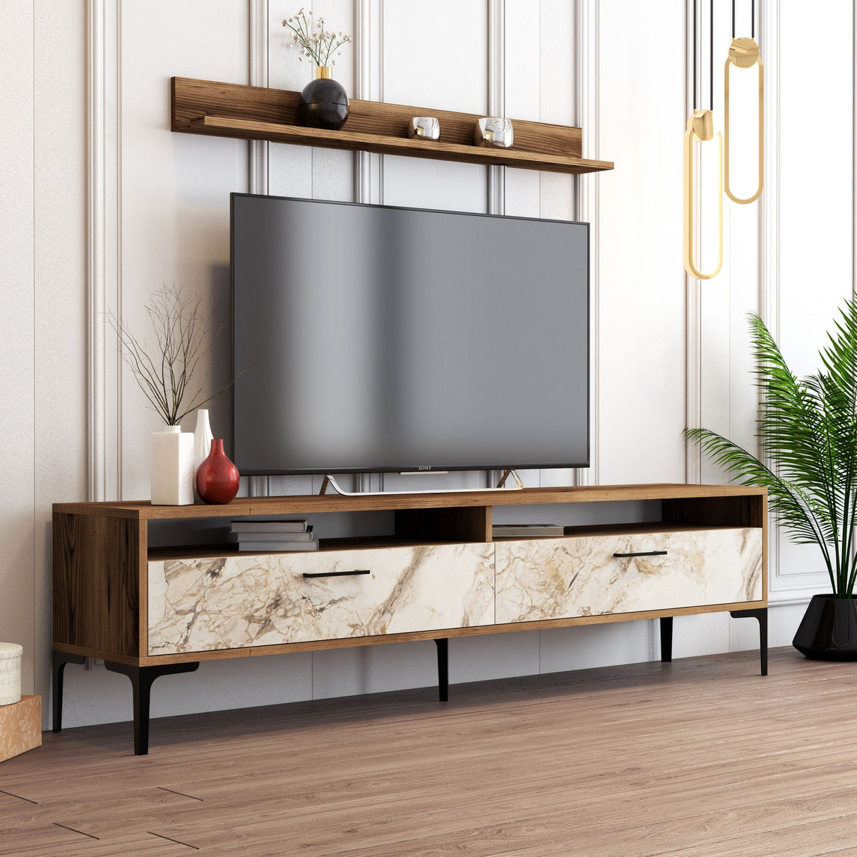 TV Meubel Set Istanbul Walnoot Wit Marmer Melamine 180x47x35 cm