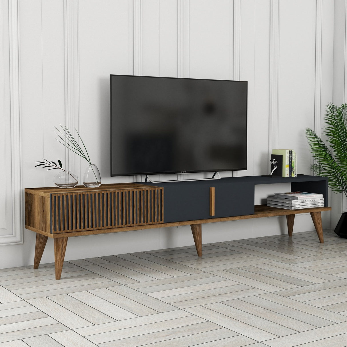 TV Meubel Milan Alt Walnoot Antraciet Melamine 180x40x35 cm