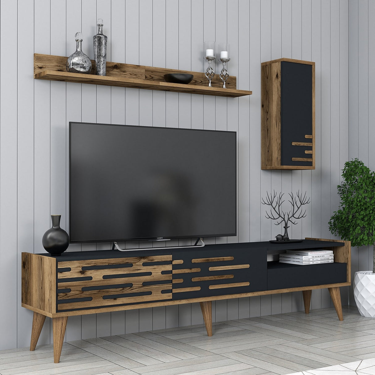 TV Meubel Set Valensiya Walnoot Antraciet Melamine 180x35x45 cm