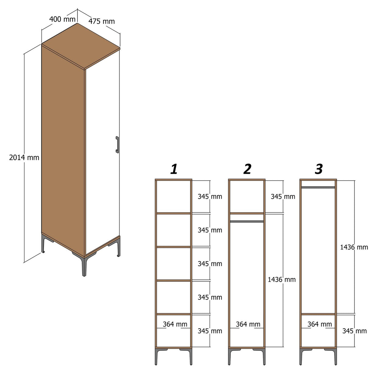 Kledingkast Kumual P Walnoot Antraciet Melamine 40x47,5x201,4 cm